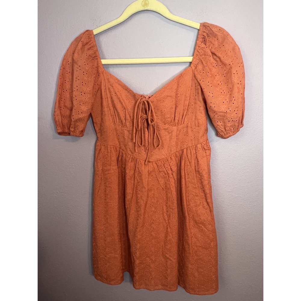 Altar'd State Light Orange Peach Puff Sleeve Cotton Eyelet Mini Dress Size Small
